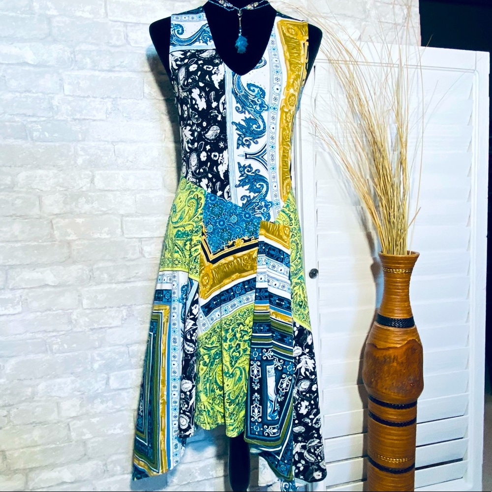 Rachel Roy sleeveless multi-color patchwork designer asymmetric midi dress, sz S